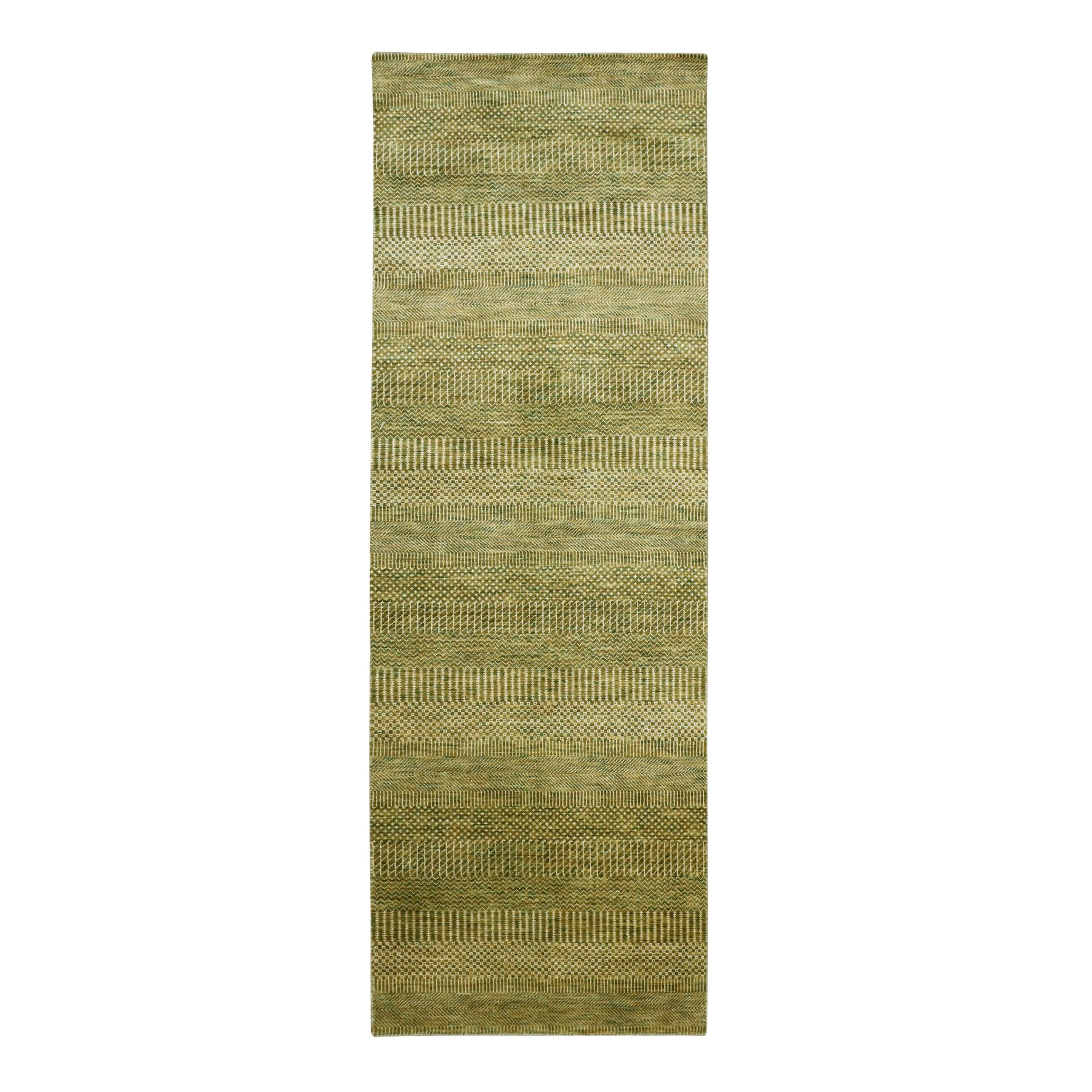 2'8"x8'2" Fawn Brown, Denser Weave, Modern Grass Design, Hand Knotted, Wool and Silk, Runner, Oriental Rug 